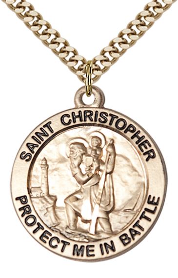 14KT GOLD FILLED ST CHRISTOPHER PENDANT ON A 24 INCH GOLD PLATE CHAIN